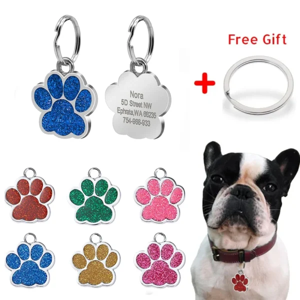 (3pcs) Personalized Dog Cat Tags Free Engraved Pet Puppy ID Anti-lost Name Paw Glitter Pendant Nameplate Glitter Keyring Accessories